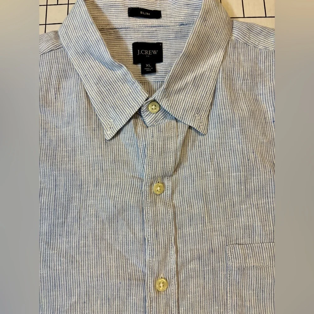 J.  Crew Men’s Size XL Blue/White Linen Blend Slim‎ Fit SS Button Down Shirt